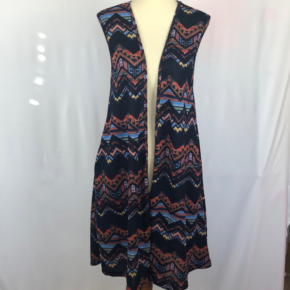 NWT Honey & Lace Black Multi Colored Chevron Tahoe Long Duster Vest - Size Small